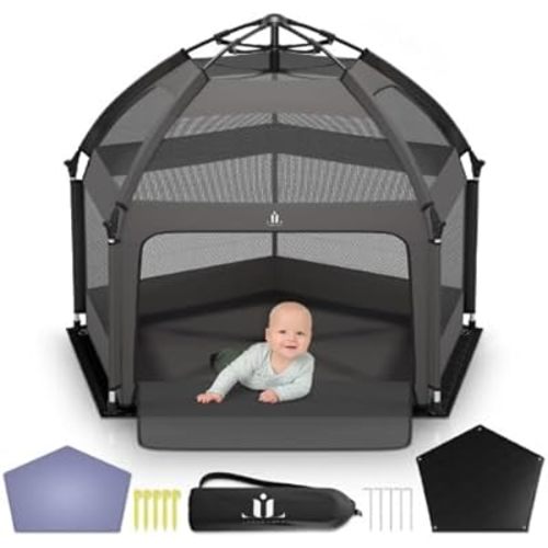 Pop-Up Playpen for Babies & Toddlers Foldable with Canopy (UPF 50), Self-Inflating Playmat, Wind Shade & Carry Bag Durable Baby Beach Tent, Outdoor