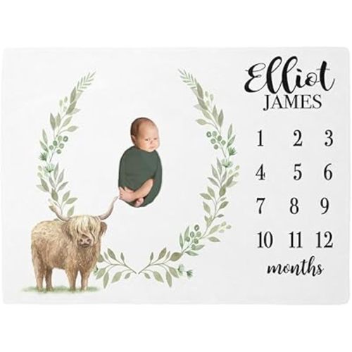 Highland Cow Milestone Blanket for Boys, Cow Month Growth Throw, Personalized Baby Boy Blanket, Farm Nursery Throw, Custom Name Design, Newborn Shower Gift