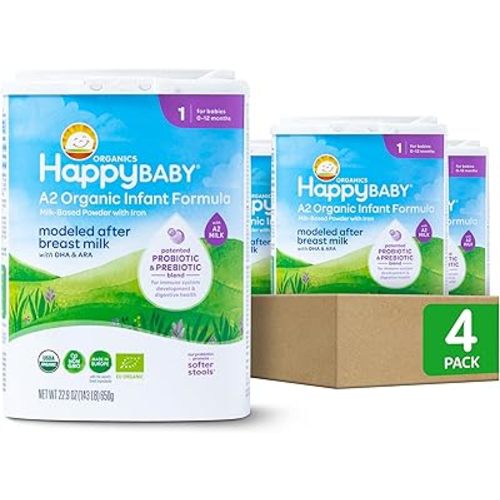Happy Baby Organics Stage 1 A2 Infant Formula, 0 12 Months, Milk Based Organic Baby Formula Powder with A2 Milk, Probiotics & Prebiotics for Immune & Digestive Support, 22.9 Ounce (Pack of 4)