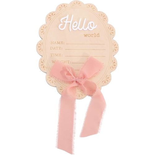 Wooden Hello World Baby Announcement Board - Newborn Birth Sign for Hospital Nursery, Milestone Photo Props & Baby Shower Decor (Pink Ribbon Bow)