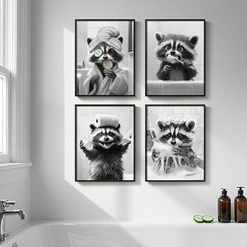 Framed Funny Bathroom Wall Art, 4 Piece Black and White Raccoon Prints, Cute Animal Toilet Canvas Artwork for Restroom Bathroom Home Decor, 11x14 Inch