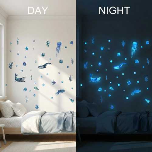 Glow In The Dark Wall Stickers  Ocean themed Kids Room Decor Sea Animals. Whales, Turtles, Exotic fish, Coral, Jelly fish. Birthday Wall Art