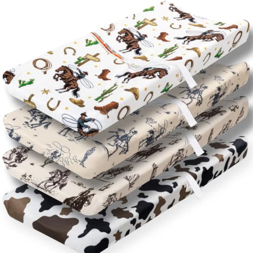 4 Pack Western Cowboy Crib Baby Sheets Western Neutral Breathable Fitted Baby Sheet Cowboy Nursery Sheets for Baby Boys or Girls (Changing Pad Cover)
