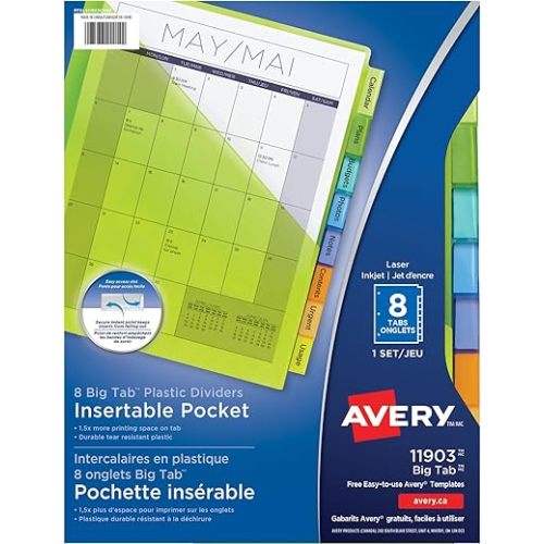 AVERY Big Tab Pocket Insertable Plastic Dividers for Laser and Inkjet Printers, 9-1/4" x 11-1/8", 8 tabs, Multi-Colour, 1 Set, (11903)