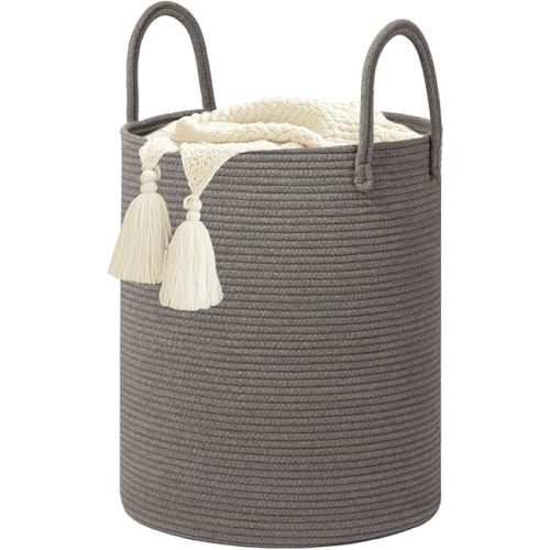 Large Woven Laundry Basket Hamper,60L Cotton Rope Storage Basket for Blankets in living room,Decorative Tall Nursery Hamper for Toys and Clothes,Baby Basket,Dark Grey
