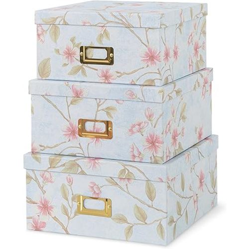 Soul & Lane Decorative Cardboard Storage Boxes - Set of 3 Square Stacking Boxes with Lids and Gold Label Holders, Nesting Photo Storage for Decor and Organizing, Pale Blue