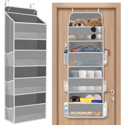 1 Pack Over The Door Organizer, Hanging Storage Organizer with Clear Window, 40lb Ultra Sturdy Large Capacity Room Organizer for Pantry Laundry Bathroom Nursery Closet Baby Essential (Grey)