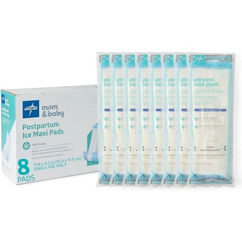 Medline 2-in-1 Absorbent Perineal Pad and Instant Cold Ice Packs for Postpartum Care (8 Count). Ready-to-use Essential for After Delivery, Maternity, Postpartum Care