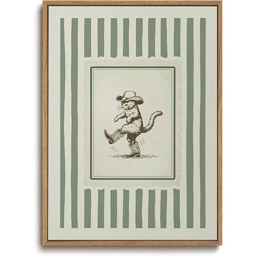 ZZLWBKGL Vintage Western Framed Wall Art Nursery Cowboy Cat Canvas Wall Art Boho Western Striped Pictures Wall Decor Funny Animal Art Prints for Living Room Kids Room Bedroom