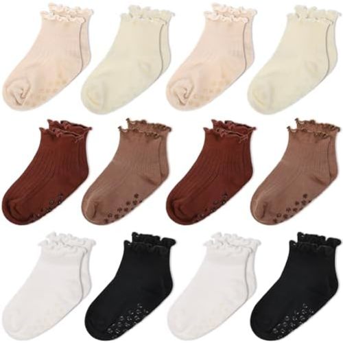 Jeyiour 12 Pairs Toddler Ruffle Grip Socks Baby Newborn Gift Girls Cotton Non-Slip Frilly Anti-Skid Cute Socks 0-24 Months