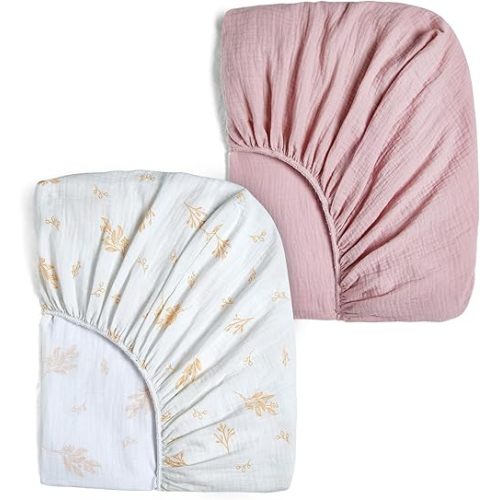 Lilian&Gema Muslin Crib Sheets, 2 Pack 100% Cotton Crib Sheet Fitted for Standard Crib Mattress 52"x28", Soft and Breathable Pink Crib Sheets for Baby Girls and Boys