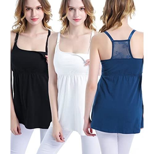 SUIEK 3 Pack Maternity Nursing Tank Tops with Bralette Cotton Breastfeeding Camisole