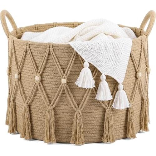 Leinuosen 20" x 13" Large Blanket Basket for Living Room Boho Decor Storage Basket Woven Decorative Laundry Hamper for Blanket Clothes Pillows Plush Toy Storage Living Room Bedroom Laundry