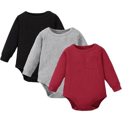 ROMPERINBOX Newborn Baby Boy Onsies 3 Pack Rib Knit Solid Color Long Sleeve Pocket Infant Bodysuit for Fall Winter