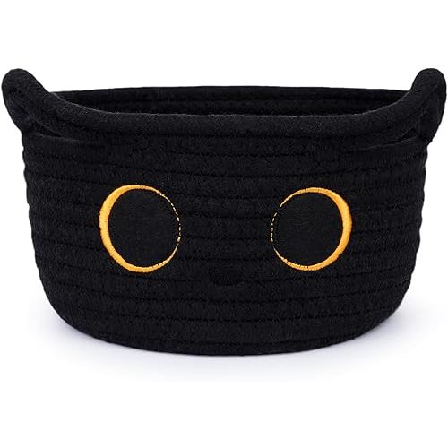 Small Storage Basket, Black Cat Cotton Rope Baskets Woven Blasket for Nursery, Blanket Basket Baby Toy Storage Organizer With Ears for Gifts Cat Dog Bin Toys 8.5×4.5 inches