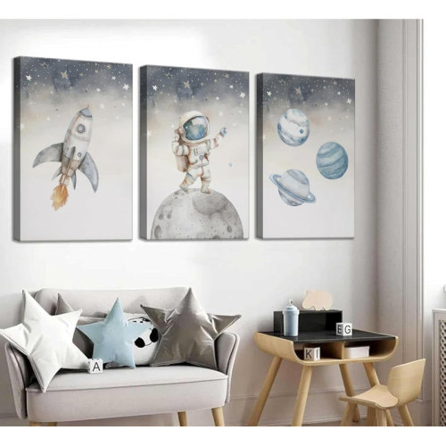 Trinx 3 Pcs Space Nursery Canvas Wall Art Whimsical Outer Space Astronauts Kid Painting Pictures Wall Decor Poster Print Artwork For Kids Room Decoration | Wayfair