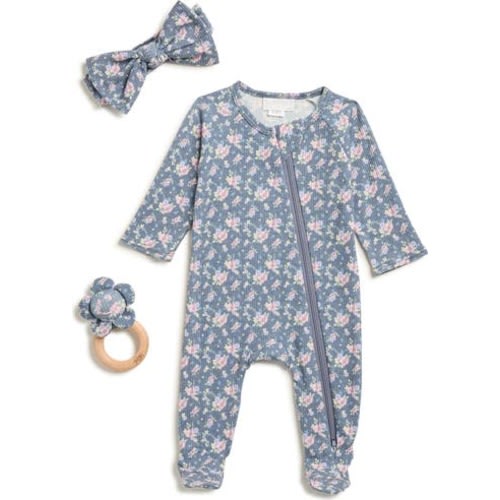Toby Ditsy Floral Print Waffle Knit Footie, Bow & Teether Set | Nordstromrack