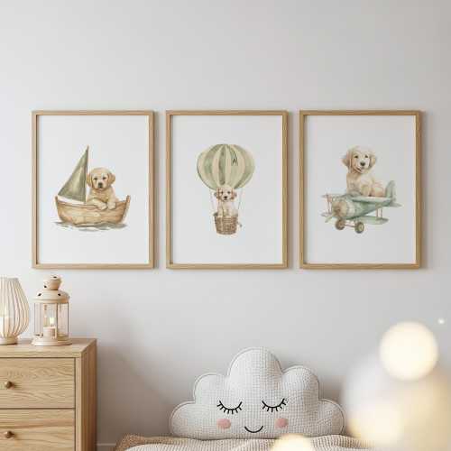 Vintage Puppy Nursery Wall Art Set of 3, Sage Green Dog Plane Boat Hot Air Balloon Prints, Antique Watercolor Boy Nursery Decor Digital Art