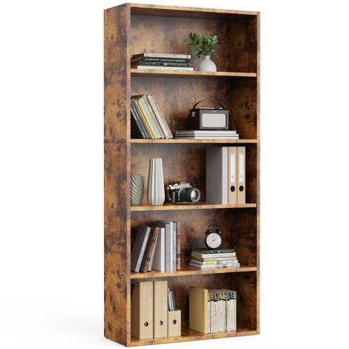Gianna 5-Tier Bookshelves with Adjustable Shelves, Floor Standing Bookcase for Home & Office Storage, Rustic Brown