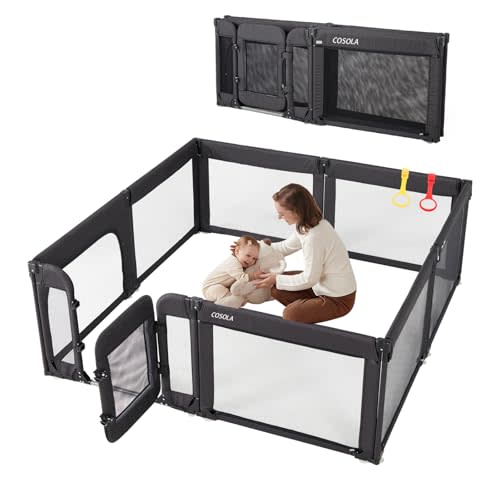 Large Baby Playpen for Babies and Toddlers 79x71 Inch, Adjustable Foldable Indoor & Outdoor Play Pen for Toddlers Twins Baby Fence Play Yards with Breathable Mesh Anti-Fall Playpen,Black