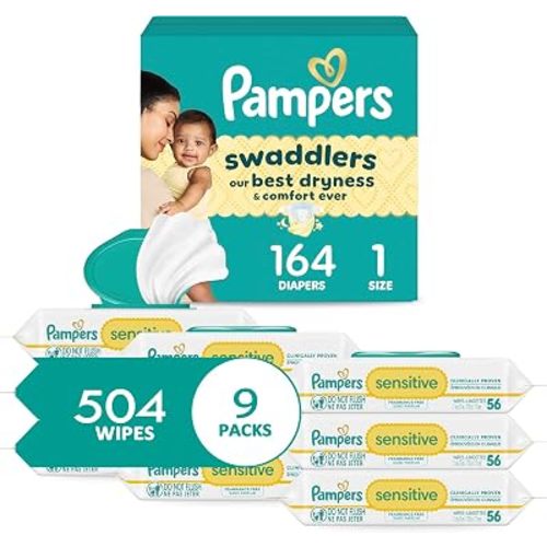 Pampers Swaddlers Diapers, Size 1 (8-14 lbs), 164 Count, Disposable Newborn Baby Diaper + Sensitive Baby Wipes 504 Wipes Total (6X Flip-Top Packs) [Packaging May Vary]