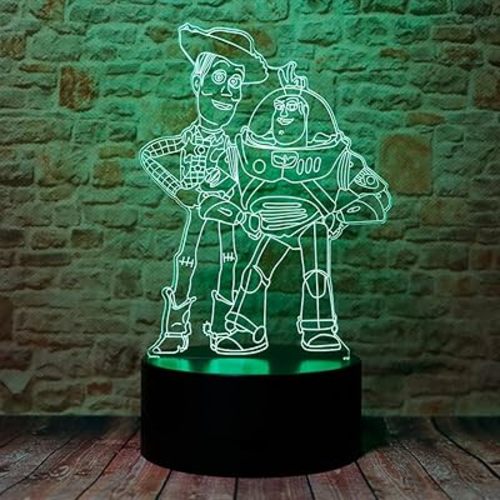 Cute Story Sheriff Woody and Buzz Lightyear Anime Character 3D Optical Illusion LED Bedroom Decor Sleep Table Lamp with Remote 7 Colors Acrylic Visual Night Light Birthday Christmas Gifts for Kids