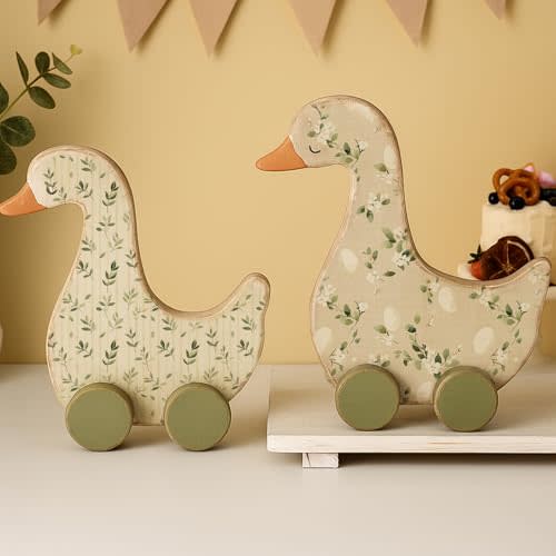 Yousoontic 2 Pcs Silly Goose Birthday Decorations 9" x 9.8" Wooden Silly Goose Baby Shower Table Centerpieces with Floral Prints for 1st Birthday Party, Baby Shower Photo Prop(Green Foliage)