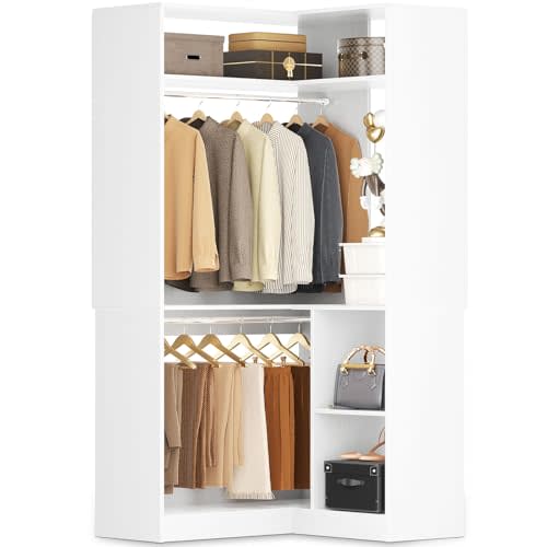Aheaplus Corner Closet System With Shelves, 34'' Organizer With Hanging Rods, Wood Walk-in for Small Space, Freestanding Tower, L Shaped Garment Rack, White
