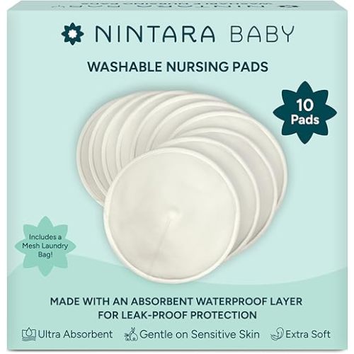 Nintara Baby Reusable Nursing Pads – 4-Layer Organic Bamboo Cotton, Ultra-Soft, Absorbent & Leak-Proof, Contoured Comfort Fit, Pack of 10 with Laundry Bag
