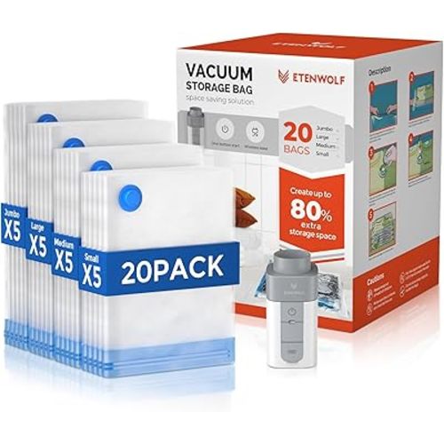 ETENWOLF 20 Pack Vacuum Storage Bags with Rechargeable Wireless Pump, Vacuum Seal Bags for Clothes and Travel, Space Saver Bags in Multiple Carry-On Sizes, Perfect for Luggage and Suitcases