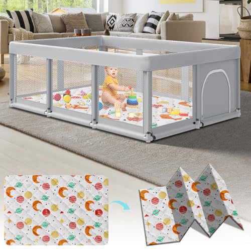 Fshibila 74" ×50" Baby Playpen with Mat, Baby Playard for Babies and Toddlers, Play Pens for Indoor & Outdoor, Sturdy Safety Play Yard with Soft Breathable Mesh, Anti-Fall, Grey