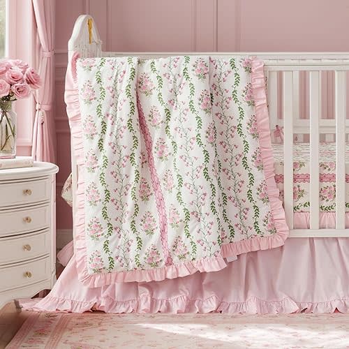 Brandream French Country Crib Bedding Set for Girls Pink Floral Stripes Vines Grandmillennial Cottagecore Print 100% Cotton Baby Girl Nursery Bedding - Ruffles Quilt,Crib Sheet,Crib Bed Skirt,3 Pieces