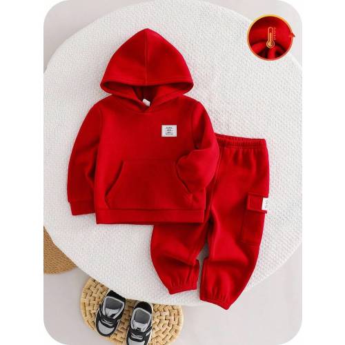 SHEIN 2pcs/Set Baby Boy/Girl Casual Sports Letter Graphic Pocket Hoodie & Elastic Waist Pants Set, Suitable For Autumn/Winter Red Two Piece Outfit Toddler Red Clothes For Baby Boy Baby Set Autumn Winter Season | SHEIN USA