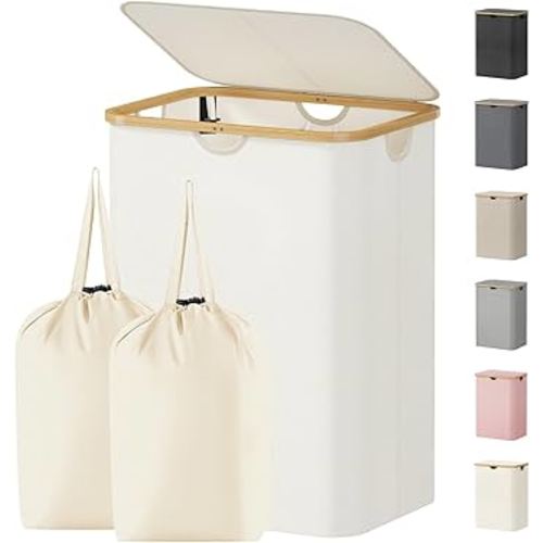 Lifewit 150L Laundry Basket with Lid, Clothes Hampers for Laundry with Bamboo Handles and 2 Removable Bag, Large Foldable Laundry Hamper for Bedroom, Bathroom, Dorm, Laundry Room, Off White
