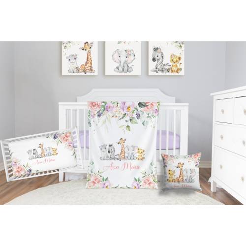 Safari Crib Bedding Set, Personalized Baby Girl Blanket, Safari Animal Nursery Set Baby Girl Bedding Set Safari Crib Sheet, Elephant Bedding