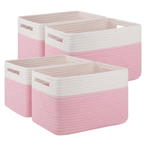 4 Pack Storage Baskets for Organizing, Woven Baskets for Shelves - Perfect for Toys, Books, Towels, and Clothes, Durable Gift Basket Bins Toy Storage, 12.7''Lx9''Wx7.8''H, Pink & White