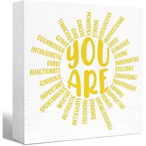 Yellow Sunshine Wood Box Sign You Are Sun Decor Wooden Block Signs Motivational Sign Inspirational Desk Décor for Home Office Bedroom Classroom Table Décor