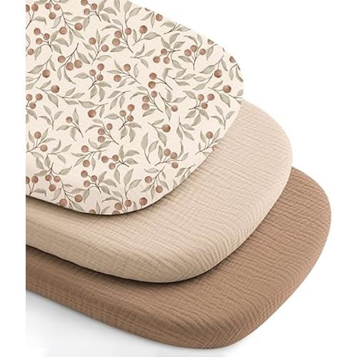 Niceye Muslin Baby Bassinet Sheets 3-Pack 100% Cotton (33" x 21") Bedside Sleeper Bassinet Fitted Sheets for Rectangle Mattresses, Unisex for Baby Girl/Boy (Khaki)