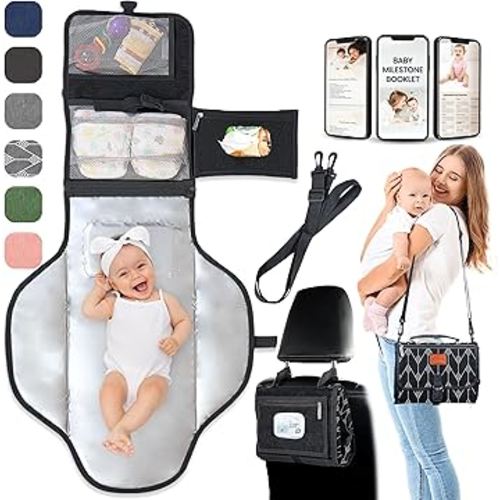Pillani Portable Changing Pad - Travel Diaper Changing Mat, Waterproof, Foldable & Detachable Station with Baby Wipes Pockets