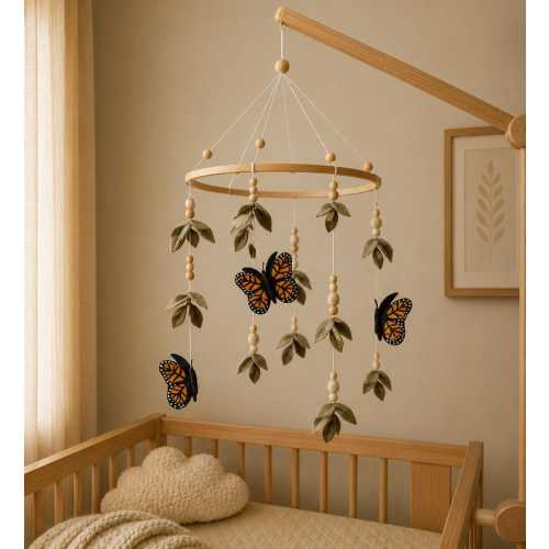 Monarch butterfly Forest style baby crib mobile, Floral nursery baby mobile, Lighter and darker leaves Leaf crib mobile Butterfly