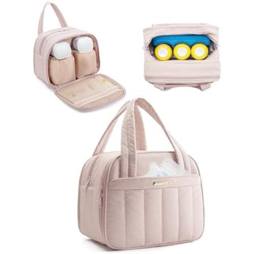 Quilted Wearable Breast Pump Bag with Cooler Compartment, Wearable Pump Case Compatible with Momcozy and Most Brand Hands-Free Breast Pumps, Dusty Pink