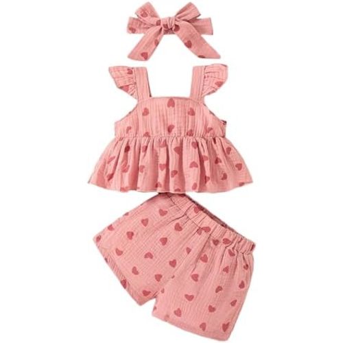 VARMILO Toddler Girls Short Sets,Single Shoulder Ruffle Tank Top and Floral Bow Shorts Set for Summer Casual Wear
