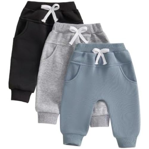 Baby Boys Girls 3 Pack Sweatpants Toddler Solid Elastic Waist Bottom Joggers Pants Unisex Newborn Infant Trousers