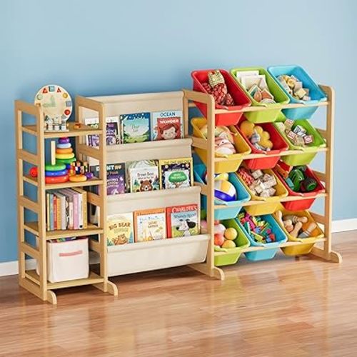 SpaceAid 3-in-1 Toy Storage Organizer with 4 Shelves and 12 Bins, Toy Organizers Storage 3-Tier Bookshelf, Kids Bin Shelf Box Bookcase for Bedroom Playroom Organization Room Decor, Multi-Colored