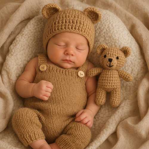 Newborn Photo Outfit | Knit Baby Romper with Bear Hat & Teddy | 3 Piece Baby Shower Gift Set