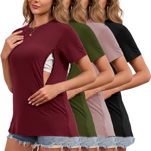 Ecavus Women's 3-Pack Nursing Shirts for Breastfeeding with Hidden Zippers Loose Fit Maternity Tops