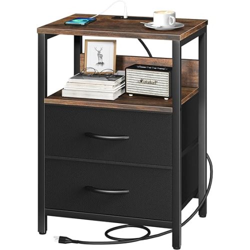Yoobure Nightstand with Charging Station, Small Night Stand with Fabric Drawers and Storage Shelf for Bedrooms, Nightstands for Small Spaces, Bedside Table with USB Ports & Outlets, Bed Side Table