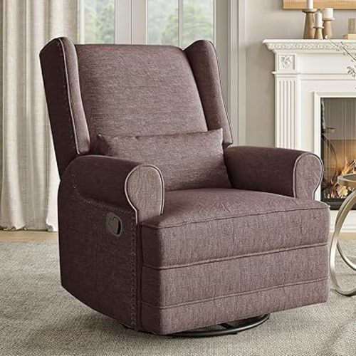RoyalCraft Swivel Recliner Chair, Comfy Glider Rocking Chairs with Lumbar Pillow and Footrest, Upholstered Swivel Rocking Chair for Living Room, Bedroom, Brown