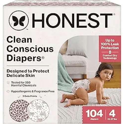 The Honest Company Comfort Dry Disposable Diapers for Sensitive Skin, Hypoallergenic, Wild Thang + All The Alpacas, Super Club Box Size 4 (22–37 lbs) 104 Count