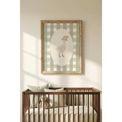 Preppy Goose Nursery Wall Art Green Gingham Duck Print Vintage Cottage Baby Girl Room Decor